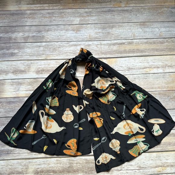Vintage 100% Silk Wide Long Scarf Teapot Teacups Print - Picture 6 of 8